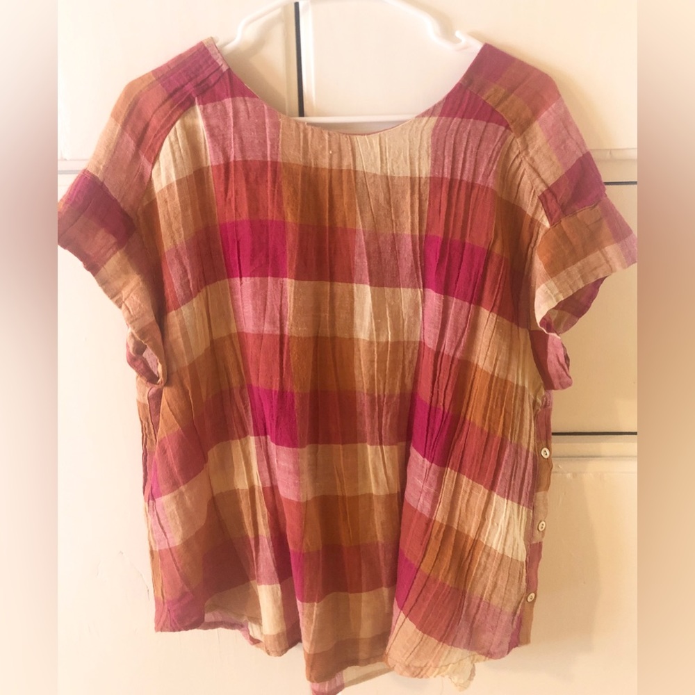 Anthropologie Plaid Gauze Pink Orange Top M Used Good Condition